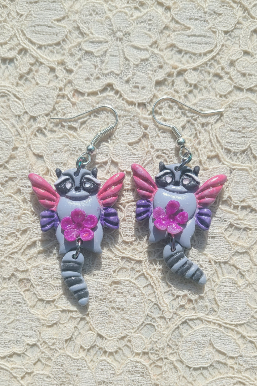 Flying Raccoon Polymer Earrings