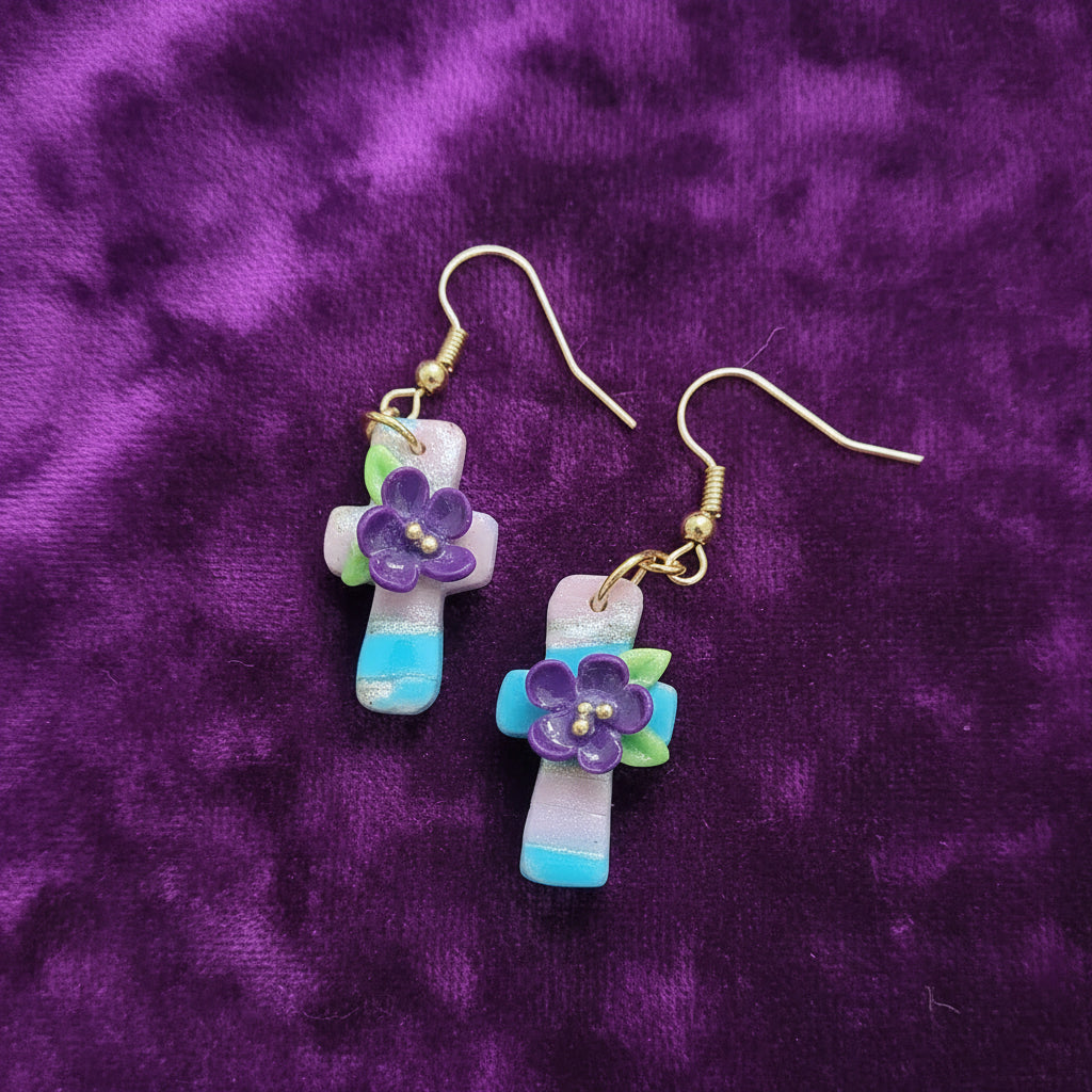 Small Floral Cross Polymer Earrings